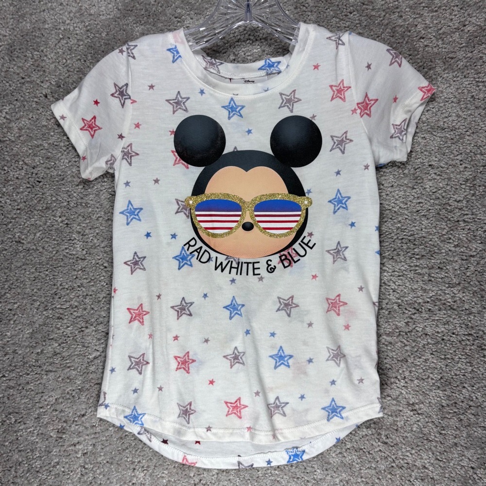 Disney Tsum Tsum Mickey Mouse Patriotic Stars‎ Graphic T-Shirt White Girls M 7/8